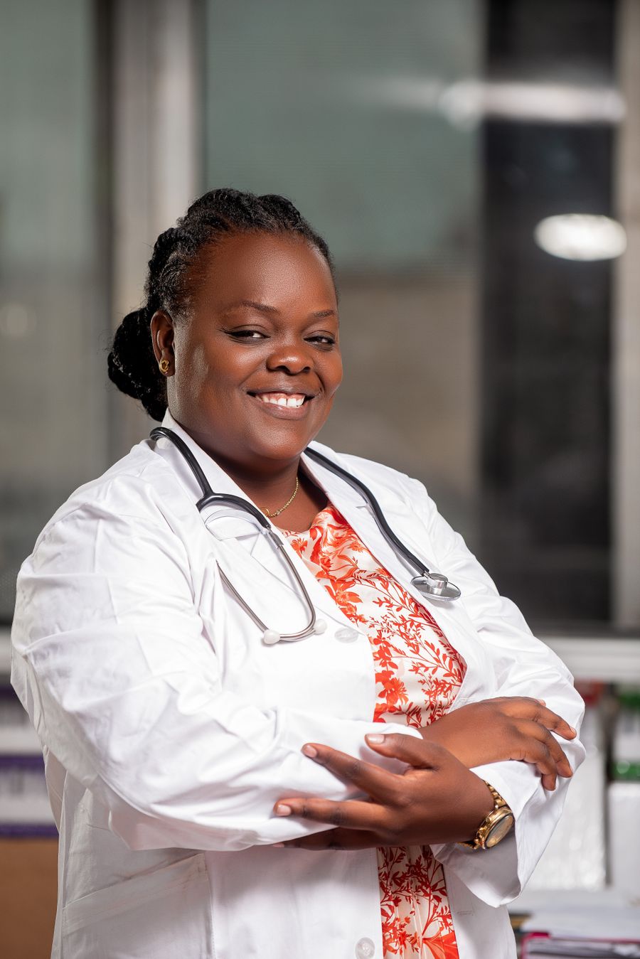 Dr Nadia Okonjo, in her white coat in the practice.