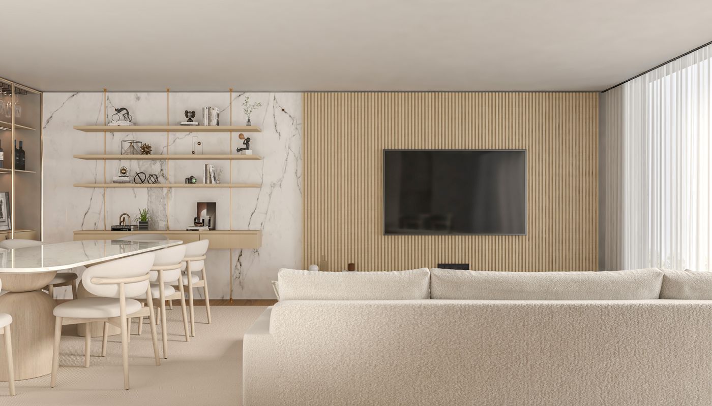 A pale living and dining room with fluted timber panelling and marble.